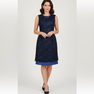 Erdem Blue Black Lace Sleeveless A-Line Floral‎ Knee Length Cocktail Dress 8
